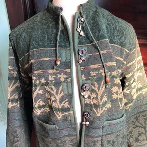 Tapestry Jacket by Flashback PXL green,gold,unique buttons/pockets floral motifs